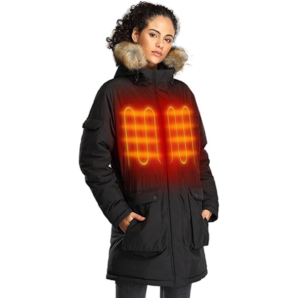 Ororo Heated Parka Jacket Black Coat Faux Fur Hood Utility Women Sz XS